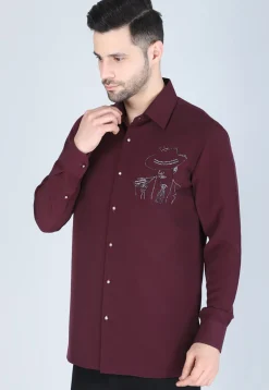 Hand Embroidered Polyester Shirt in Wine