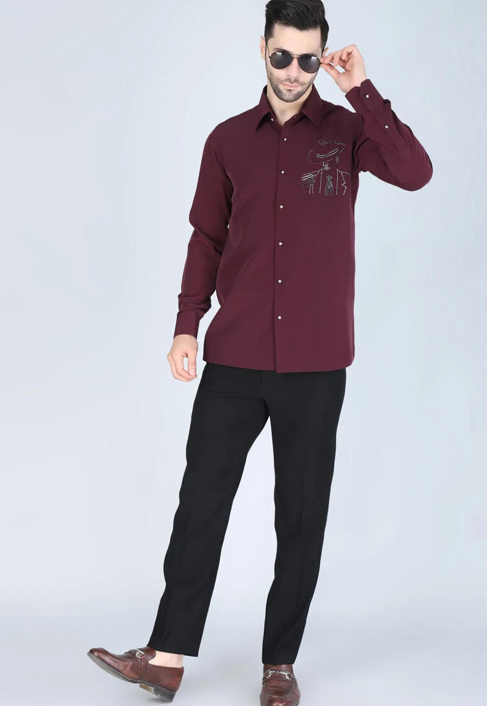 Hand Embroidered Polyester Shirt in Wine