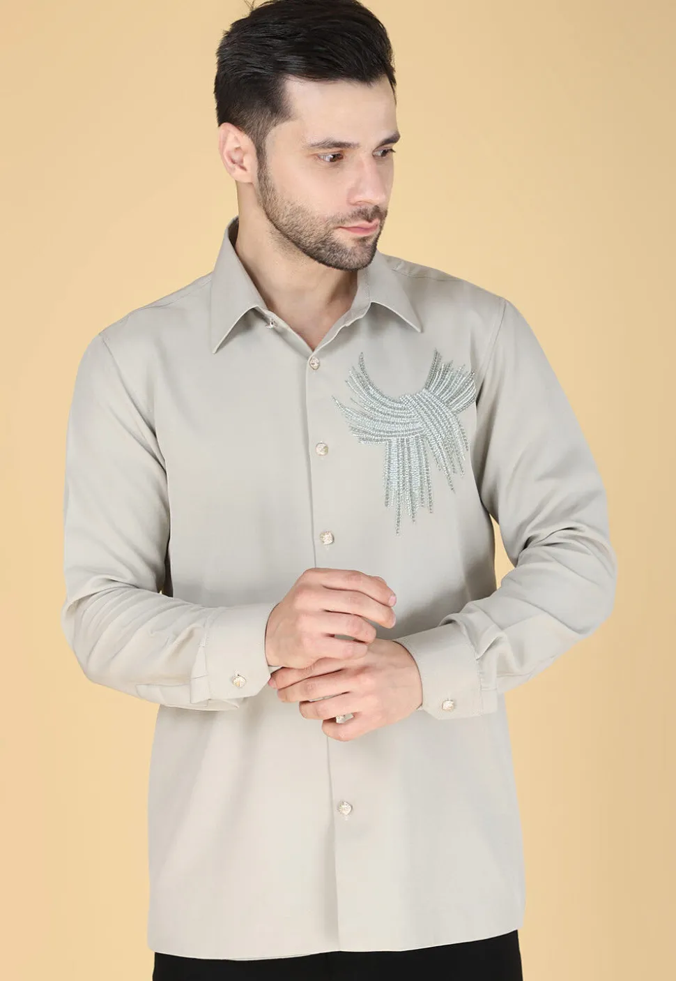 Hand Embroidered Polyester Shirt in Light Fawn