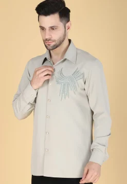 Hand Embroidered Polyester Shirt in Light Fawn