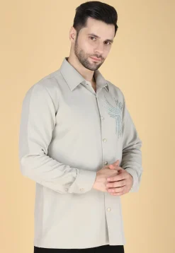 Hand Embroidered Polyester Shirt in Light Fawn