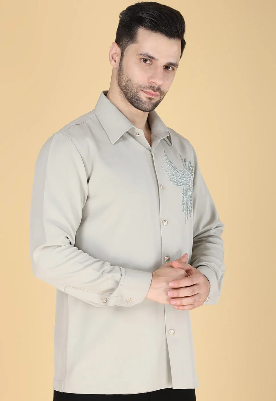 Hand Embroidered Polyester Shirt in Light Fawn