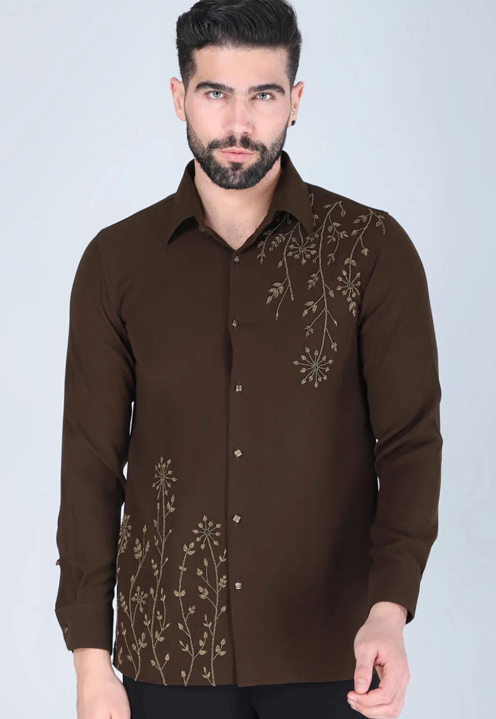 Hand Embroidered Polyester Shirt in Dark Brown