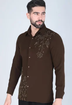 Hand Embroidered Polyester Shirt in Dark Brown