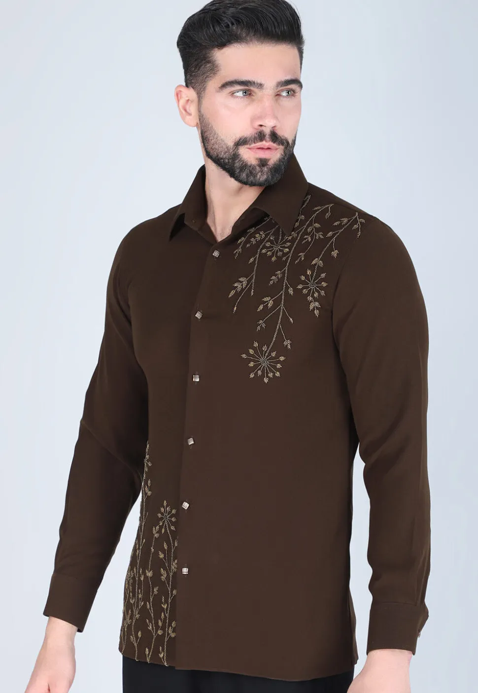 Hand Embroidered Polyester Shirt in Dark Brown