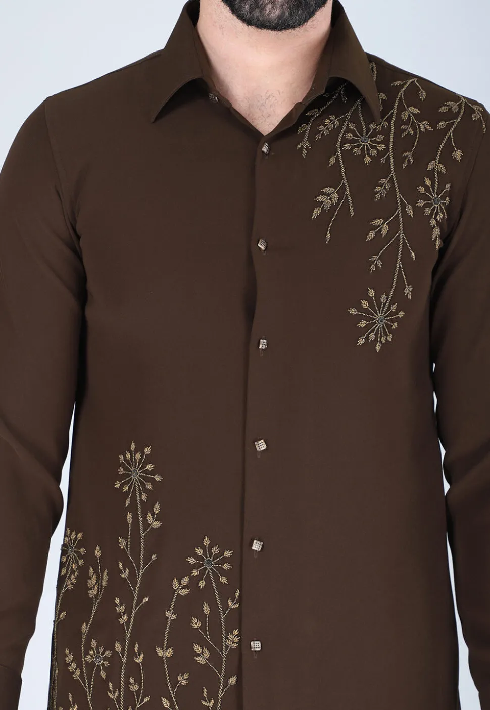 Hand Embroidered Polyester Shirt in Dark Brown