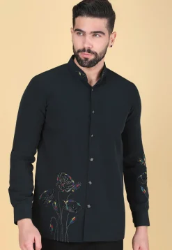 Hand Embroidered Polyester Shirt in Dark Green