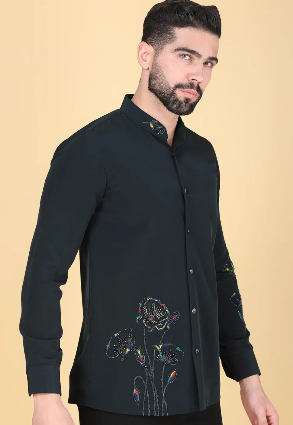 Hand Embroidered Polyester Shirt in Dark Green