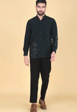 Hand Embroidered Polyester Shirt in Dark Green