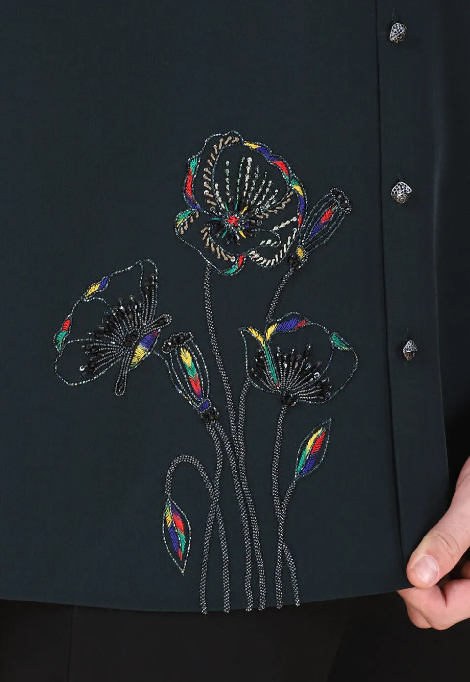 Hand Embroidered Polyester Shirt in Dark Green