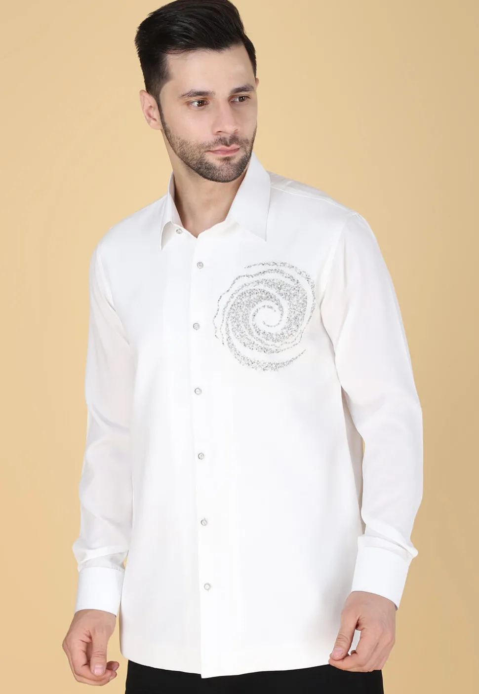 Hand Embroidered Polyester Shirt in White