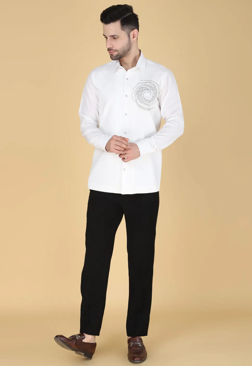 Hand Embroidered Polyester Shirt in White