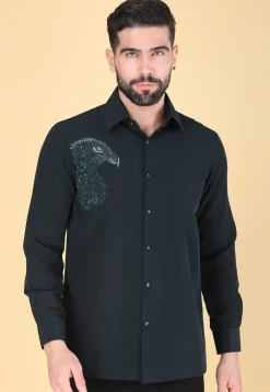 Hand Embroidered Polyester Shirt in Dark Teal Green