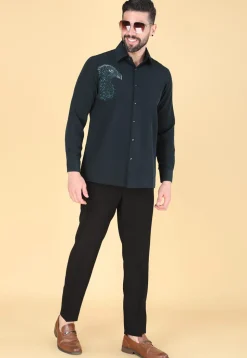 Hand Embroidered Polyester Shirt in Dark Teal Green