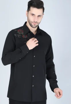 Hand Embroidered Polyester Shirt in Black
