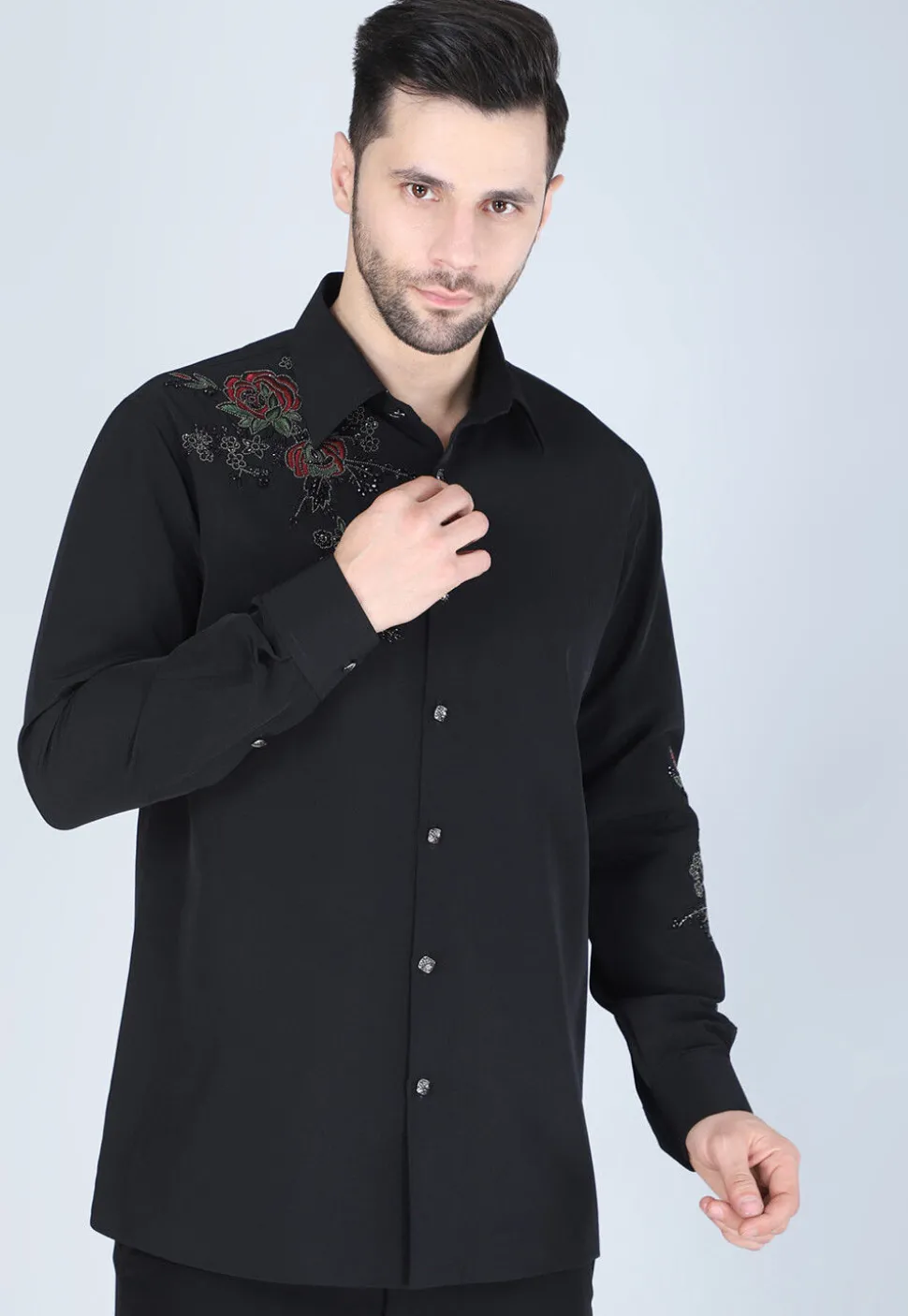 Hand Embroidered Polyester Shirt in Black