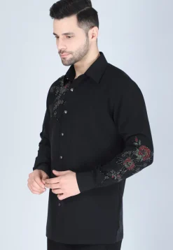 Hand Embroidered Polyester Shirt in Black