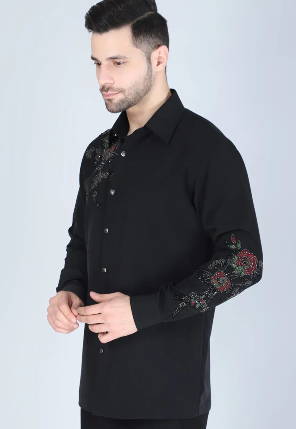Hand Embroidered Polyester Shirt in Black