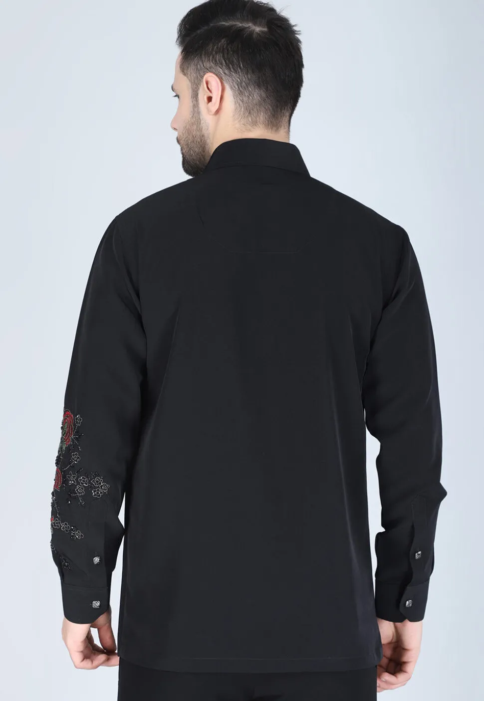 Hand Embroidered Polyester Shirt in Black