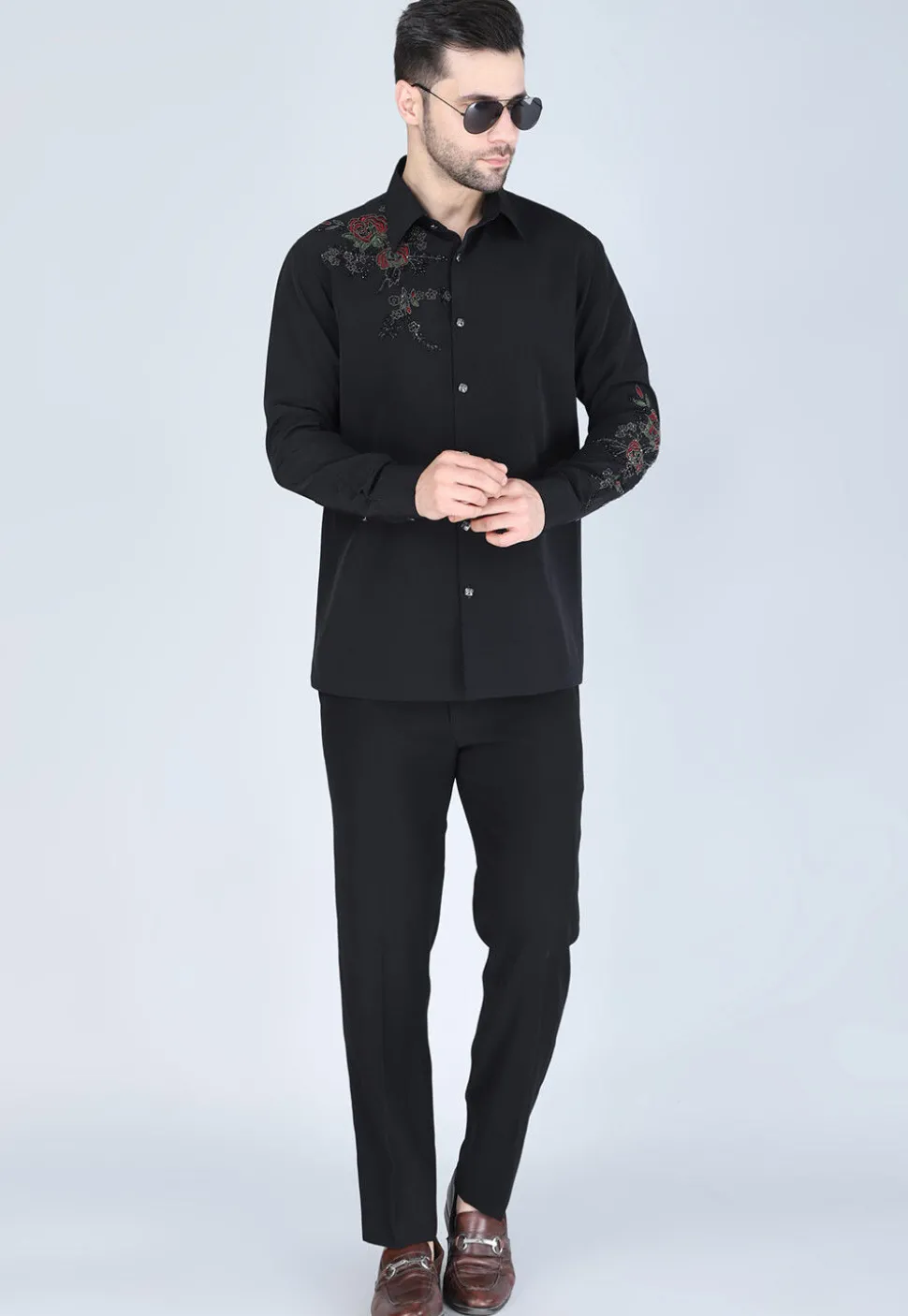 Hand Embroidered Polyester Shirt in Black