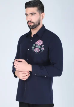 Hand Embroidered Polyester Shirt in Navy Blue