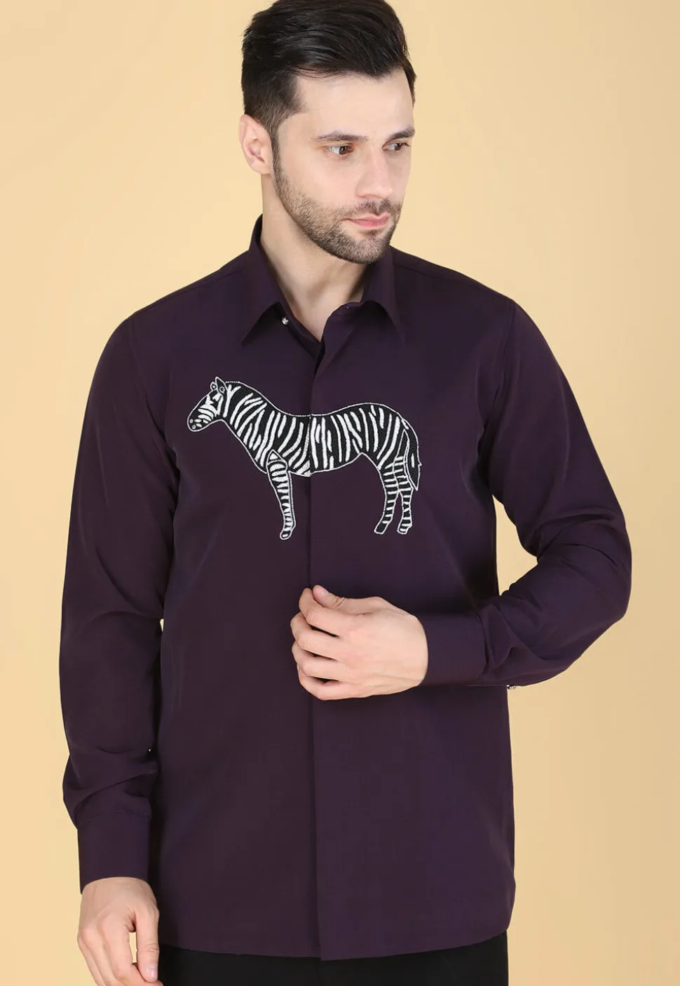 Hand Embroidered Polyester Shirt in Violet