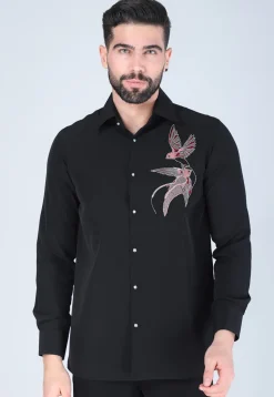 Hand Embroidered Polyester Shirt in Black