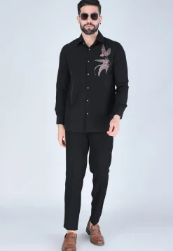 Hand Embroidered Polyester Shirt in Black