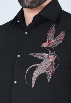 Hand Embroidered Polyester Shirt in Black