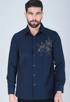 Hand Embroidered Polyester Shirt in Navy Blue