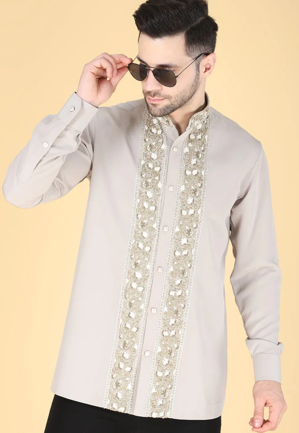 Hand Embroidered Polyester Shirt in Light Grey
