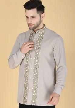 Hand Embroidered Polyester Shirt in Light Grey