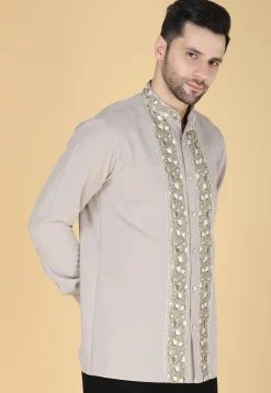 Hand Embroidered Polyester Shirt in Light Grey