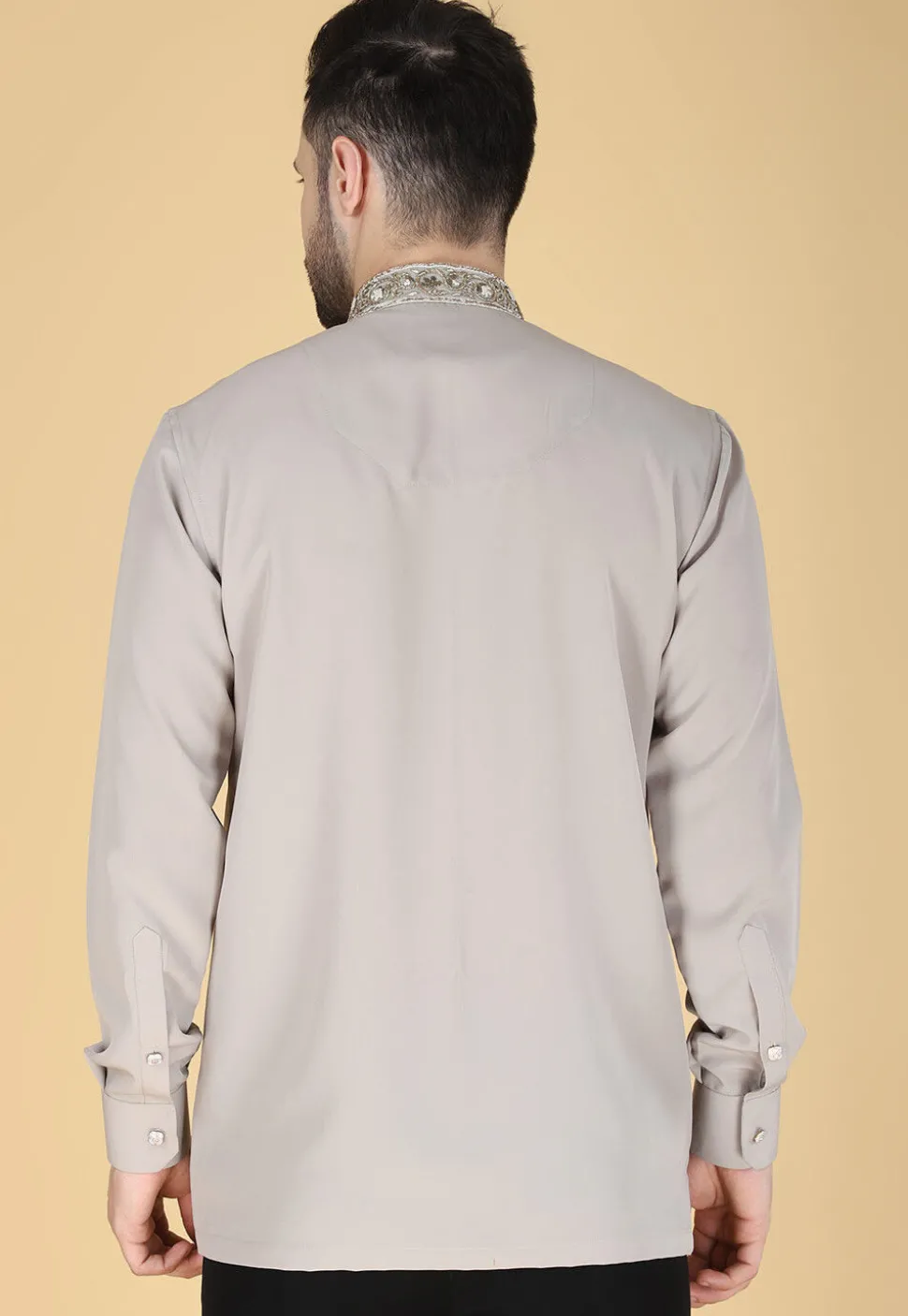Hand Embroidered Polyester Shirt in Light Grey