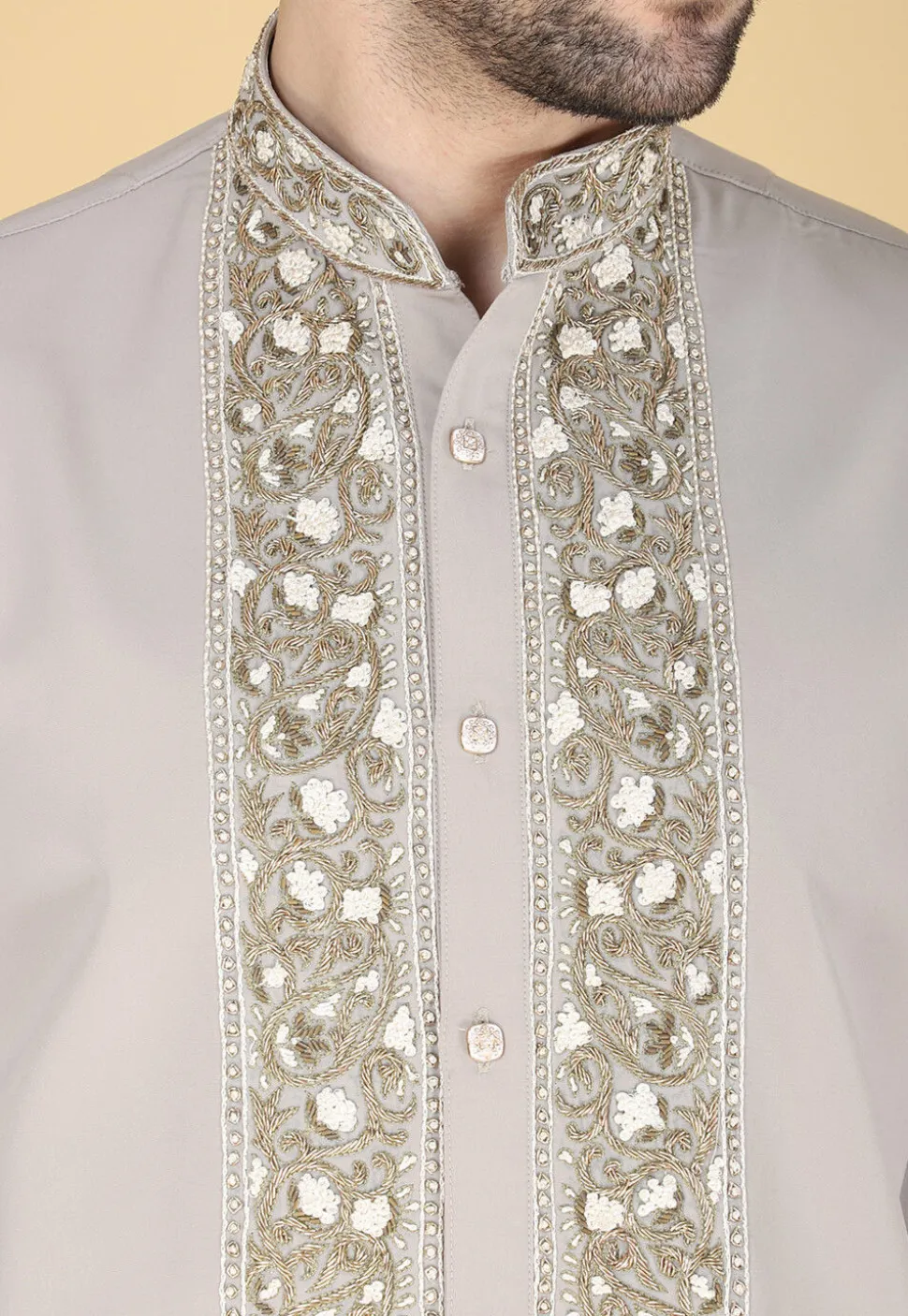 Hand Embroidered Polyester Shirt in Light Grey