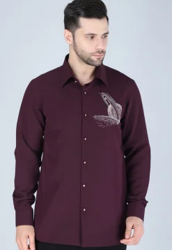 Hand Embroidered Polyester Shirt in Wine
