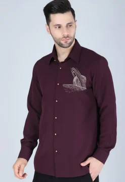 Hand Embroidered Polyester Shirt in Wine