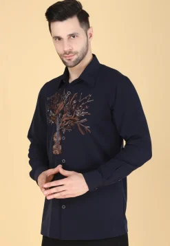 Hand Embroidered Polyester Shirt in Navy Blue