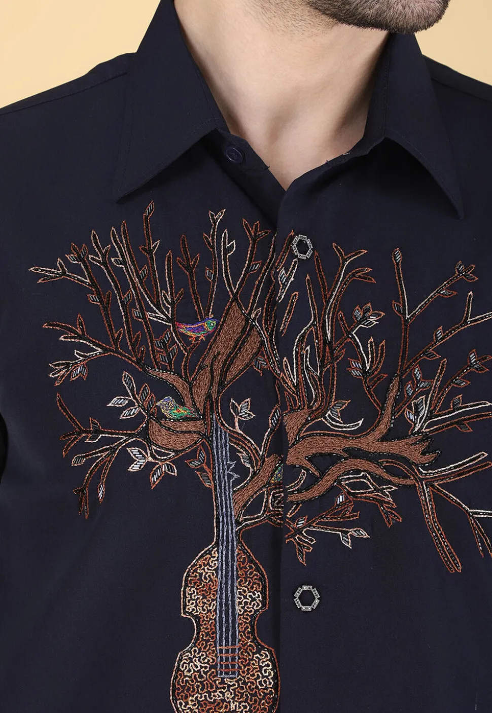 Hand Embroidered Polyester Shirt in Navy Blue