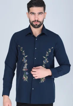 Hand Embroidered Polyester Shirt in Navy Blue