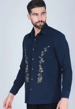 Hand Embroidered Polyester Shirt in Navy Blue