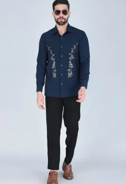 Hand Embroidered Polyester Shirt in Navy Blue