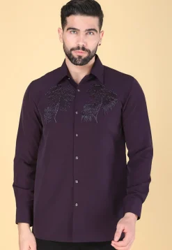 Hand Embroidered Polyester Shirt in Violet