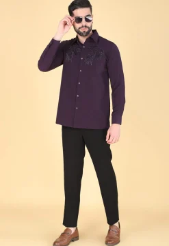 Hand Embroidered Polyester Shirt in Violet