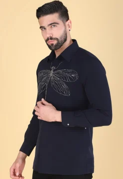 Hand Embroidered Polyester Shirt in Navy Blue
