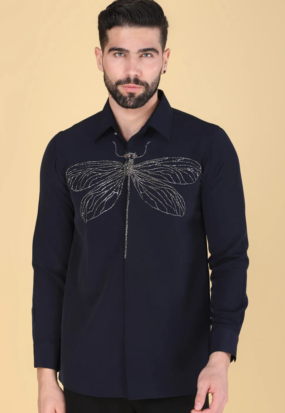 Hand Embroidered Polyester Shirt in Navy Blue