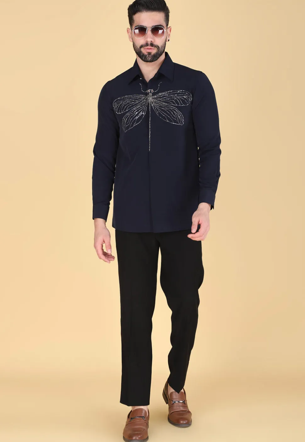 Hand Embroidered Polyester Shirt in Navy Blue