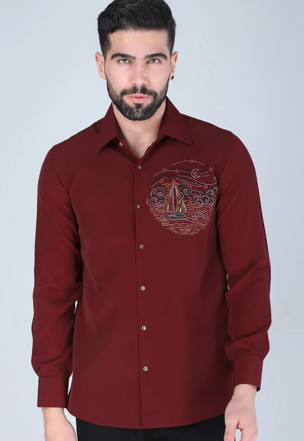 Hand Embroidered Polyester Shirt in Maroon