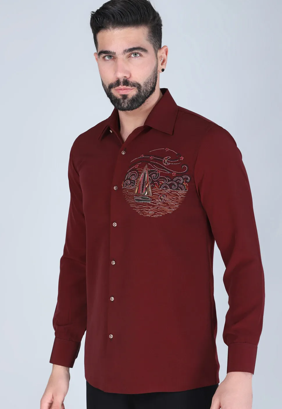 Hand Embroidered Polyester Shirt in Maroon