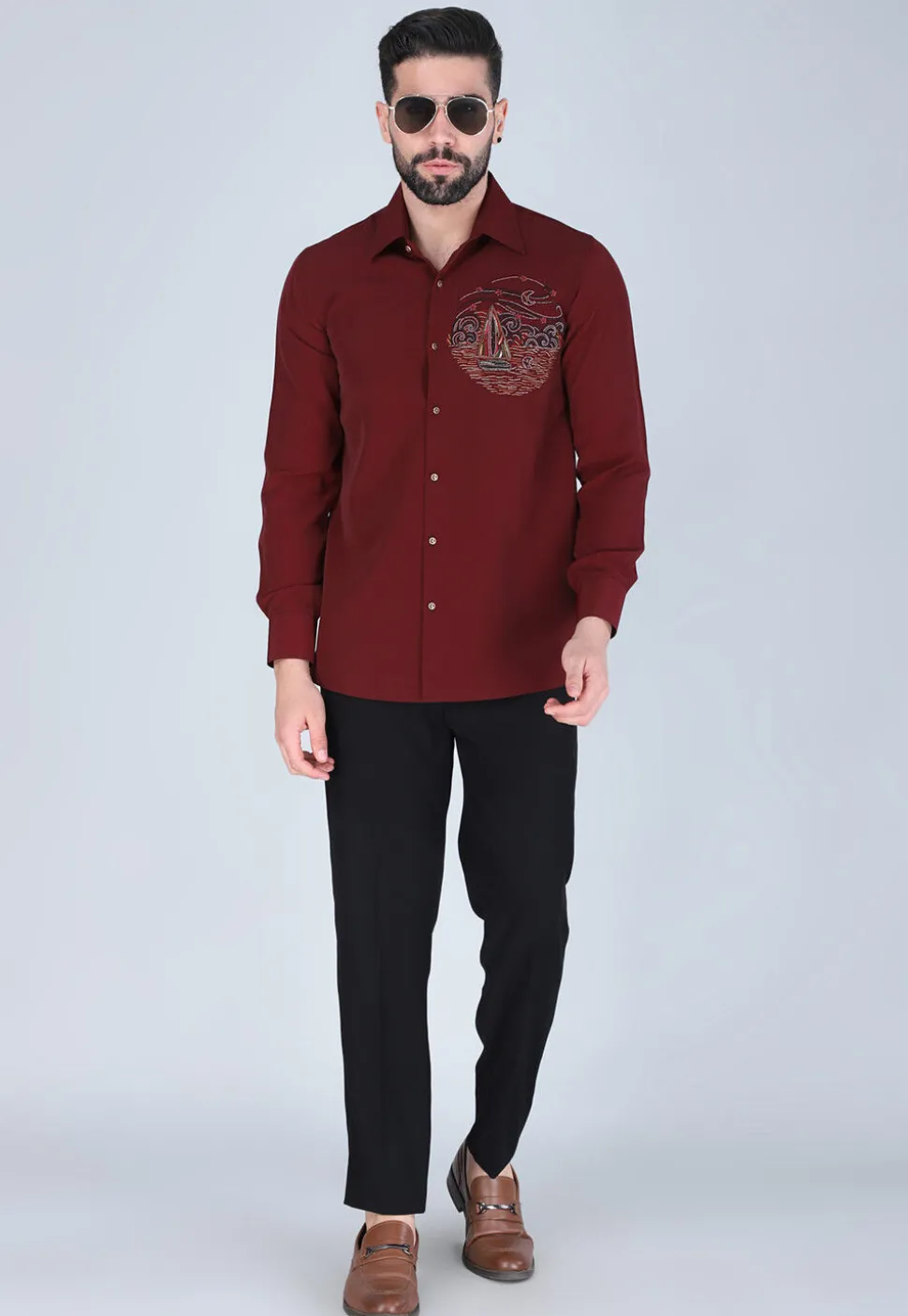 Hand Embroidered Polyester Shirt in Maroon